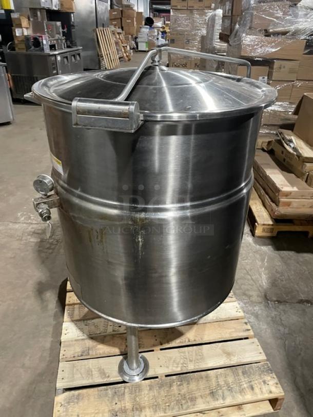 Cleveland Range 40 Gal. stainless steel steam kettle, Model KEL40, electric-powered, steam jacketed, on legs, used condition.