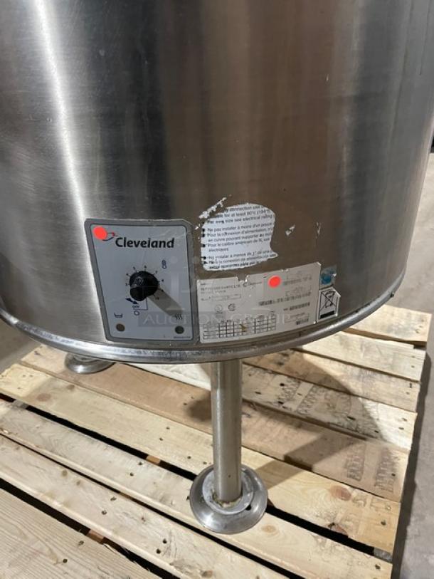 Cleveland Range KEL40 commercial stainless steel steam kettle, 40 gal capacity, electric powered, on sturdy legs, visible control panel and labels.