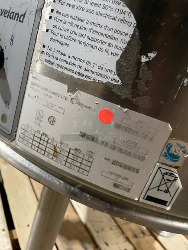 Cleveland Range KEL40 steam kettle, stainless steel, 40 gal, electric, stationary, on legs, visible model and safety labels.