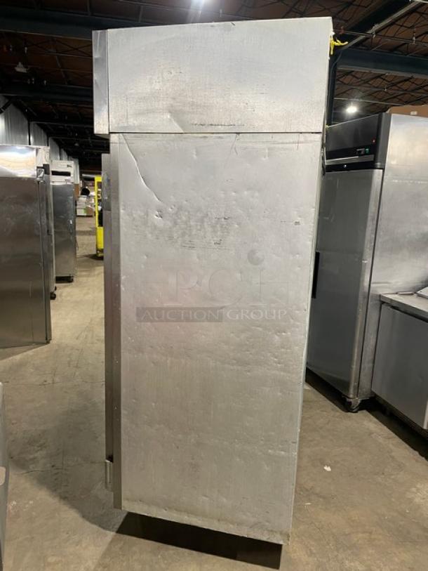 Victory Commercial Stainless Steel 3-Door Reach-In Freezer, includes poly coated wired rack, on casters, in used condition.