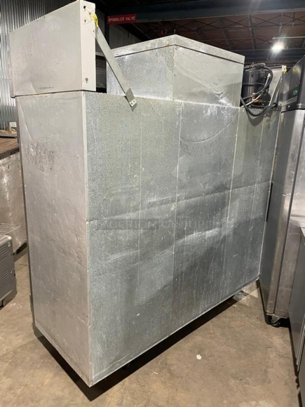 Victory Commercial stainless steel 3-door reach-in freezer, poly-coated wired rack, on casters, good condition.