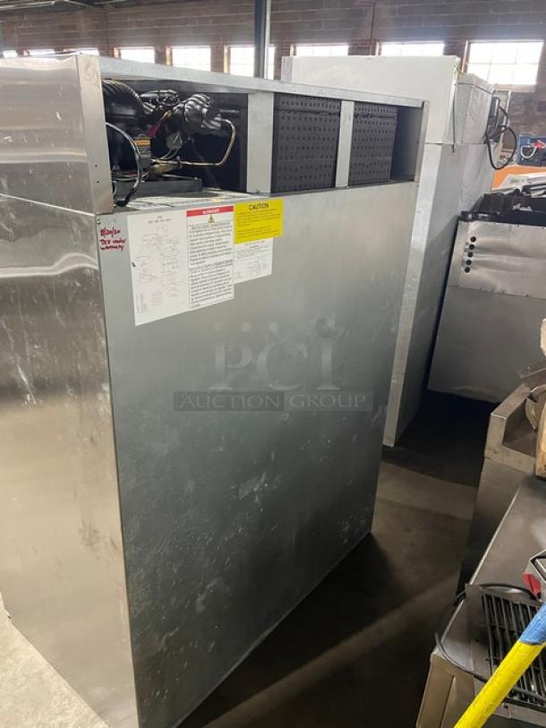 Hoshizaki Commercial Stainless Steel 2 Door Reach-In Freezer, Model F2A-FS, with poly-coated rack, labels visible.