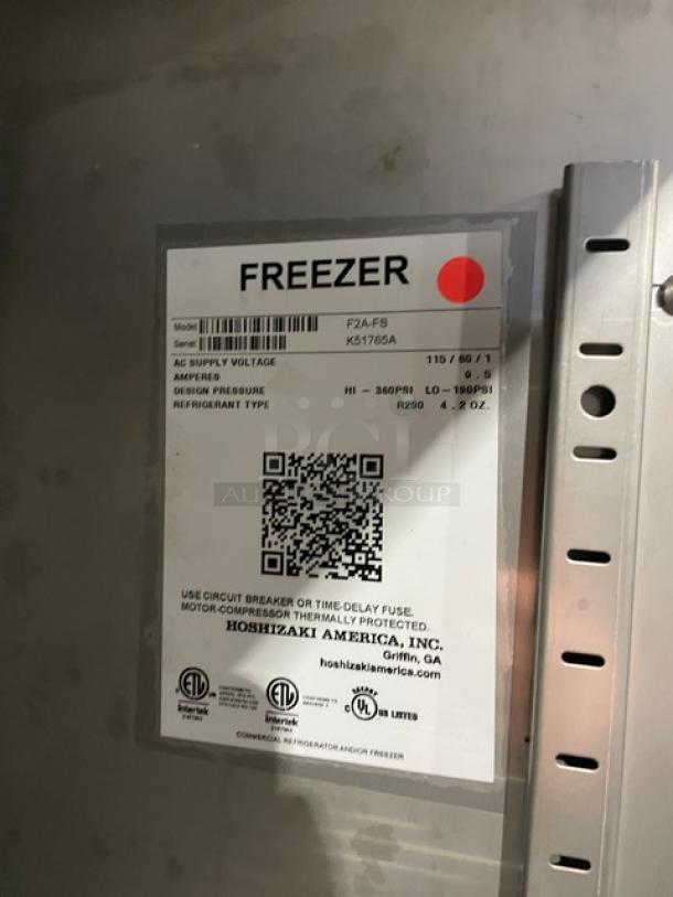 Hoshizaki F2A-FS commercial freezer label; model: F2A-FS, SN: K51765A, 115V, 1 phase.