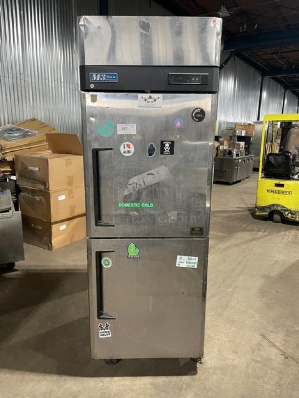 Turbo Air M3 Series stainless steel single section reach-in refrigerator, model M3R24-2, on casters with stickers, 115V.