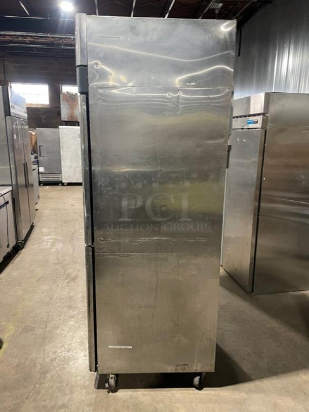 Turbo Air M3 Series M3R24-2 stainless steel half door refrigerator, commercial use, on casters, poly coated wired rack.