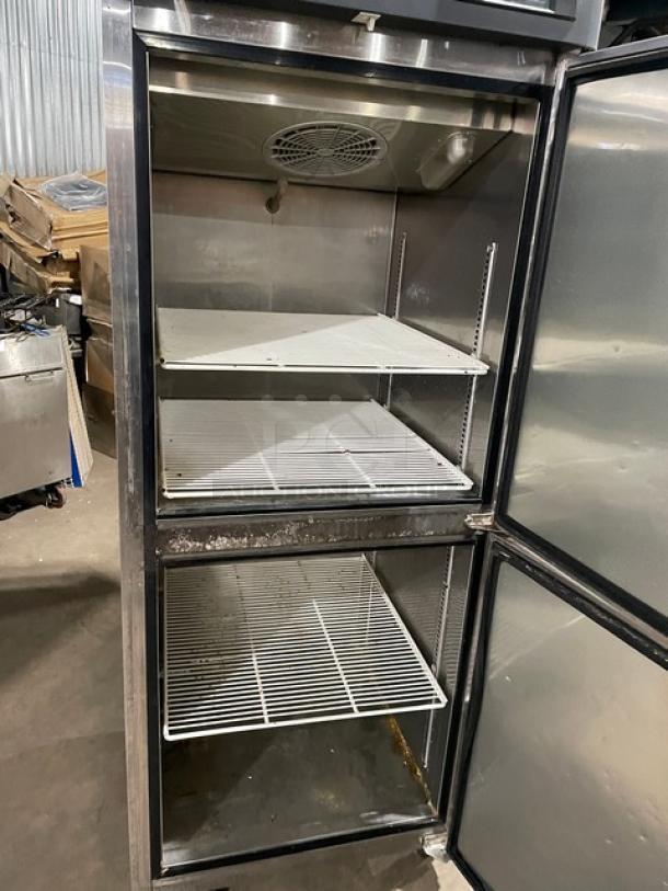 Turbo Air M3R24-2 stainless steel reach-in refrigerator, half door, poly-coated racks, on casters, 115V.