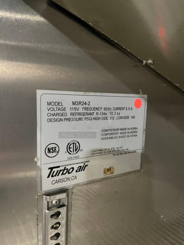 Turbo Air M3 Series refrigerator label, Model M3R24-2, 115V, NSF certified, stainless steel, solid half-door, on casters.
