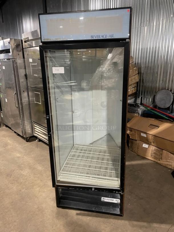 Beverage-Air MT27 commercial black glass door merchandiser fridge, poly coated rack, 115V, model MT27, SN: 3215140.