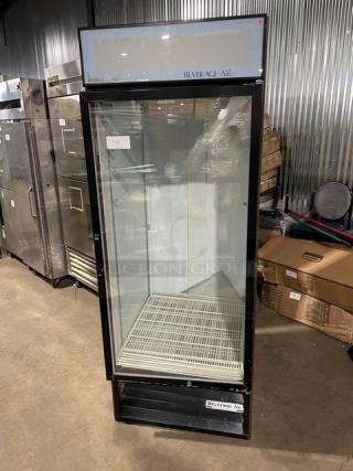 Beverage-Air MT27 commercial black glass door merchandiser fridge, poly coated rack, 115V, model MT27, SN: 3215140.