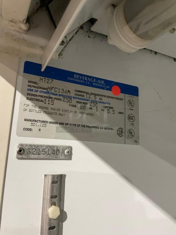 Beverage-Air MT27 commercial refrigerator label, 115V, single glass door, SN: 3215140, features wiring rack and refrigerant details.