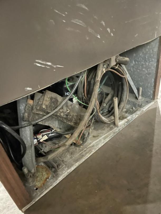 Beverage-Air MT27 commercial refrigerator wiring view; shows internal components and wiring in used condition.