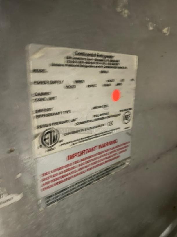 Continental commercial stainless steel prep table label, detailing model specifications and safety warnings, NSF certified.