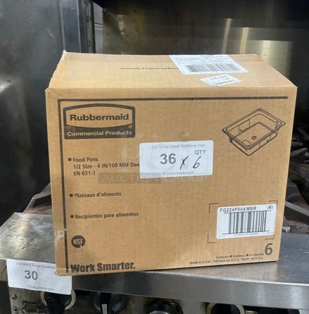 Rubbermaid Commercial Amber High Heat 1/2-Size 4" Deep Food Pan, Model FG224P00AMBR, new in box, NSF certified.