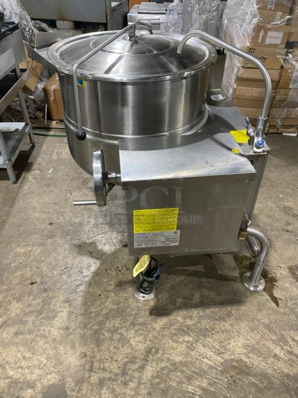 Cleveland Range KGL40T steam kettle, 40 gal., stainless steel, natural gas, swiveling faucet, 120V, 1 phase, on legs.