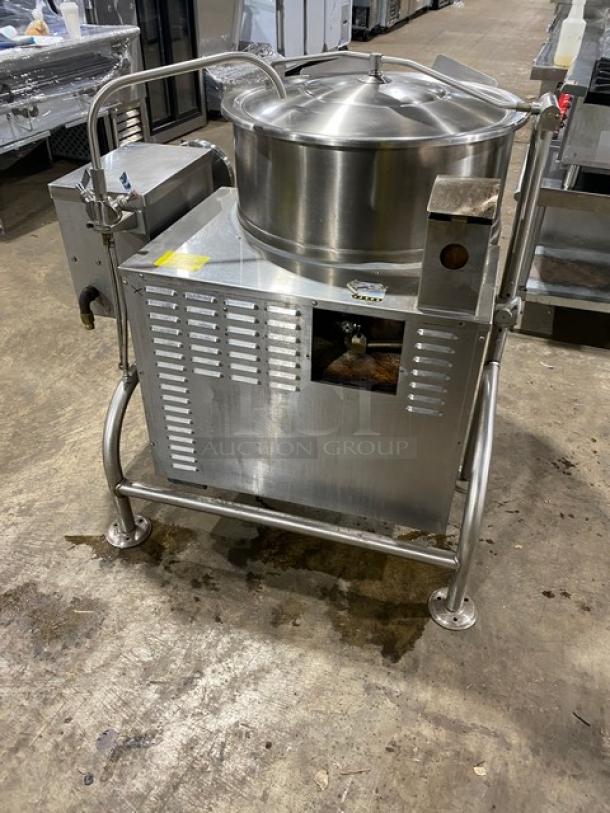 Cleveland Range stainless steel tilting steam kettle, Model KGL40T, 40-gal capacity, swivel spout, on legs, 120V 1-phase.