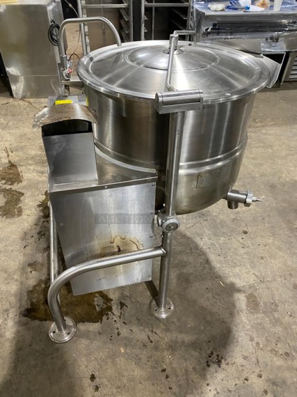 Cleveland Range KGL40T 40-gal stainless steel tilting steam kettle with swivel faucet on legs, natural gas, used.