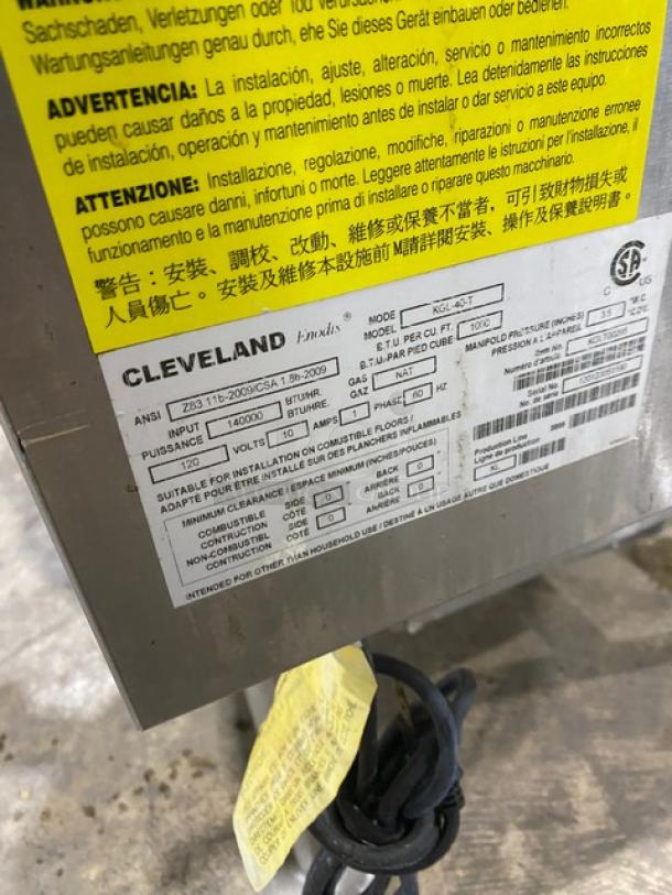 Cleveland Range 40 Gal. KGL40T steam kettle with swivel spout, stainless steel, natural gas, 120V, on legs, serial 120123051590.
