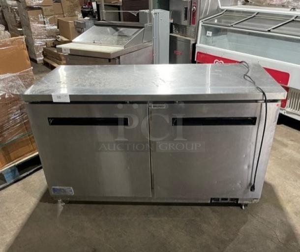 Arctic Air AUC60RZ 2 Door Stainless Steel Lowboy Cooler, with poly-coated rack, on casters, 115V, SN: H22055130.
