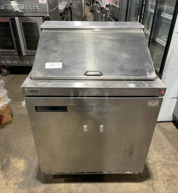 Delfield stainless steel bain marie-style prep table, model 4432N12M, with undercounter fridge, SN 1801152002929, on casters.