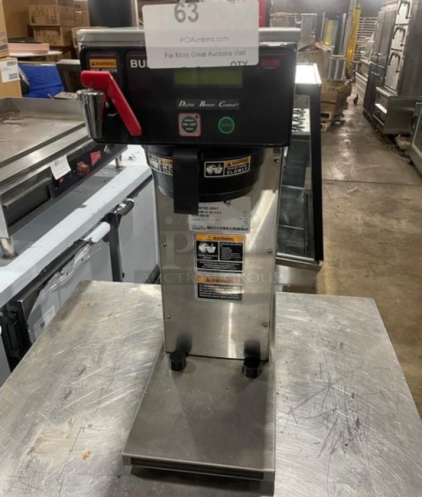 Bunn AXIOM Series coffee brewer, stainless steel, model AXIOM-DV-APS, with hot water dispenser and digital controls.