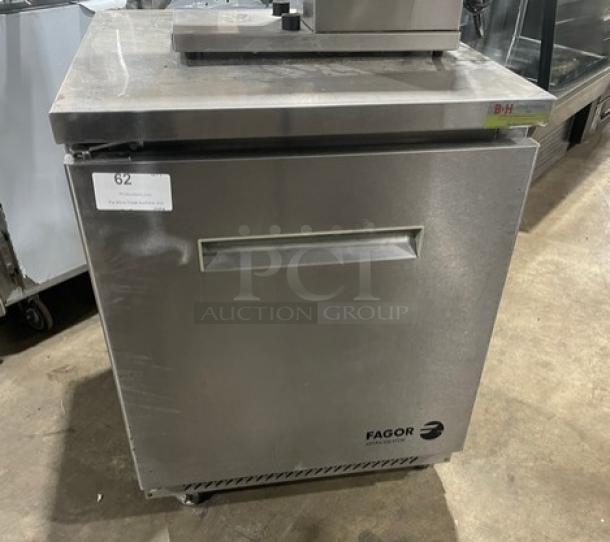 Fagor FUR-27 stainless steel undercounter refrigerator, single door, poly-coated rack, on casters, model FUR27, SN 07070051M.