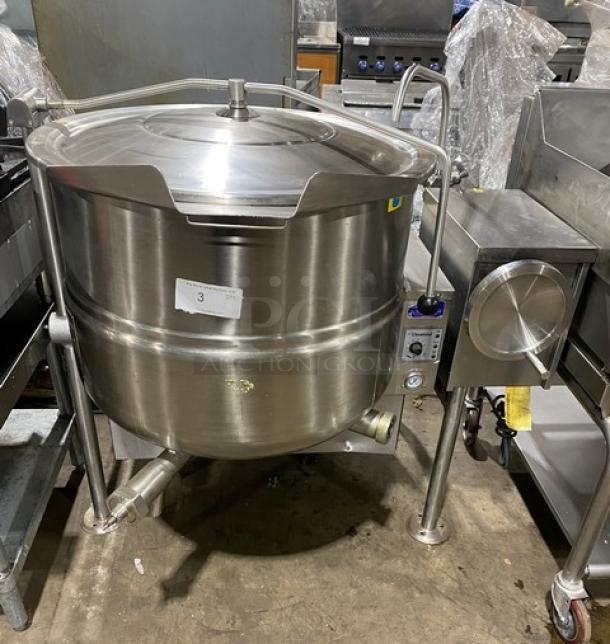 Cleveland Range KGL-40-T 40 Gal. steam kettle, stainless steel, tilt feature, swivel spout, serial 120123051590, on legs.