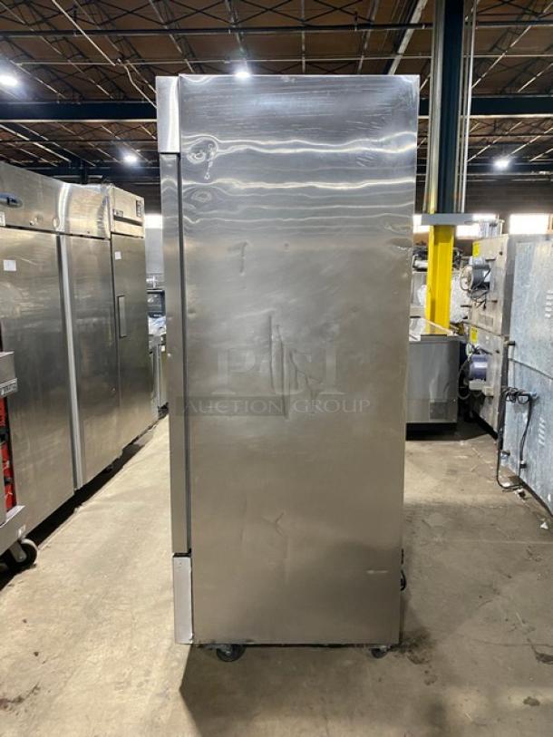 Sir Lawrence all stainless steel reach-in freezer, model SLFRZ2D, featuring poly-coated racks and casters, 115V, used condition.