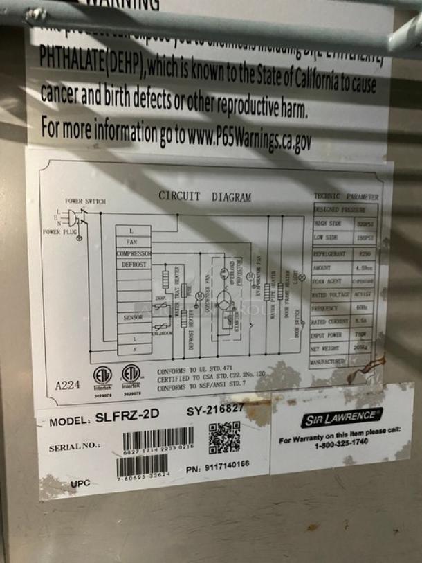 Sir Lawrence SLFRZ2D stainless steel freezer with poly coated racks and casters. Model SLFRZ2D, SN: 6827171422030216. 115V, 1 phase. Circuit diagram and warranty label visible.