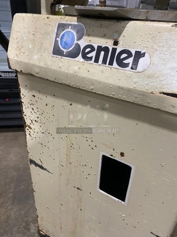 Benier commercial dough divider/rounder, floor model, 220V. Features Benier logo. Visible wear and rust on surface.