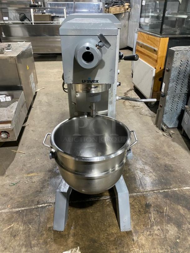 Univex SRM30 30 Quart Planetary Mixer with stainless steel bowl, floor style, 115V 1 Phase, excellent condition.
