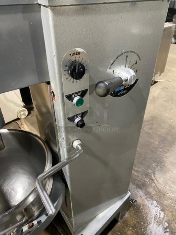 Univex SRM30 30-quart planetary mixer with stainless steel bowl, timer, start/stop controls, and speed settings; 115V 1 phase.