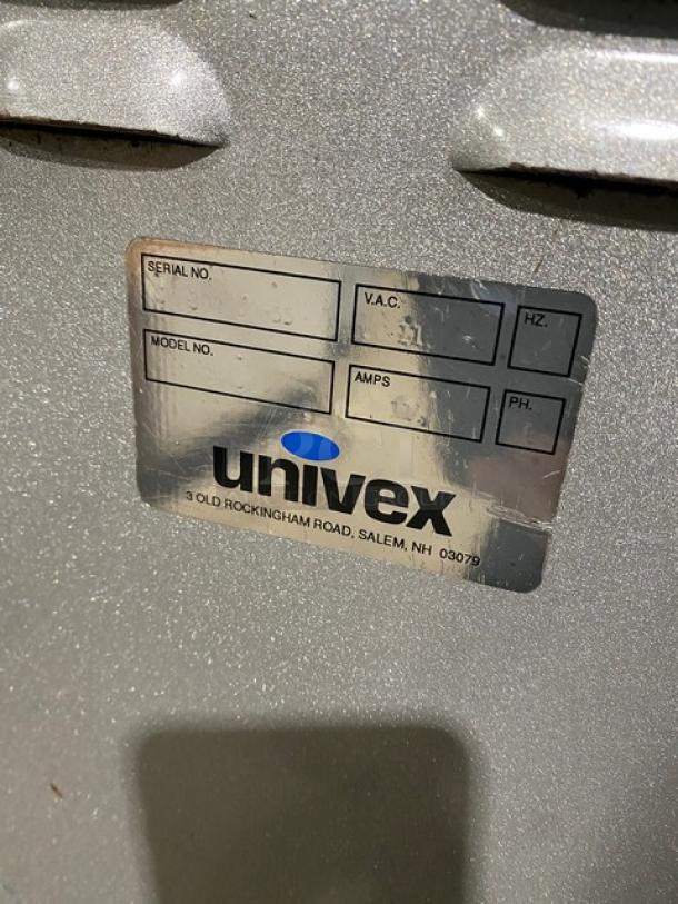 Univex SRM30 30 Quart Planetary Mixer with stainless steel bowl, serial and model number plate visible, 115V, 1 phase.