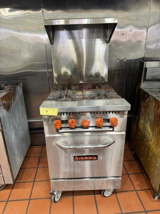 Sierra SR424 4 burner commercial gas range with orange knobs, stainless steel, on casters, used condition.
