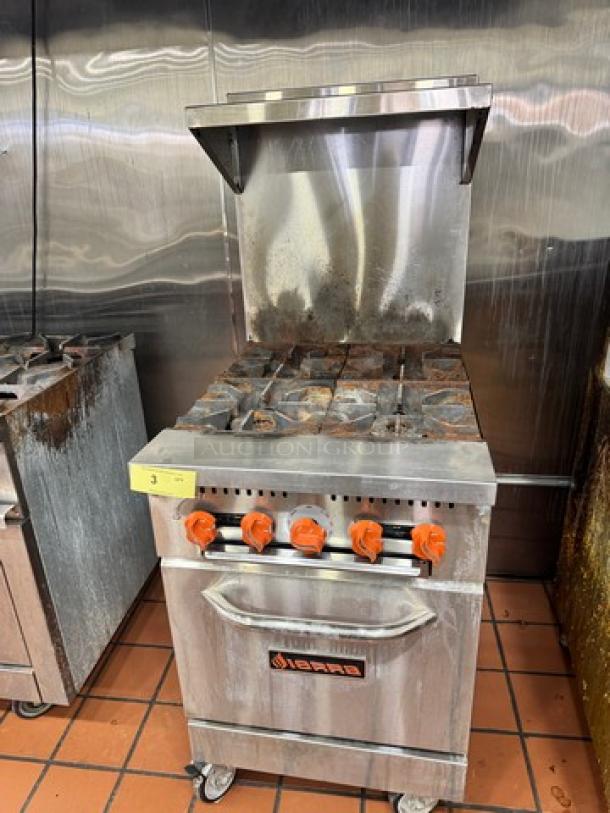 Sierra SR424 commercial gas range, 4 burners, stainless steel, on casters, orange knobs, model SR424, used condition.