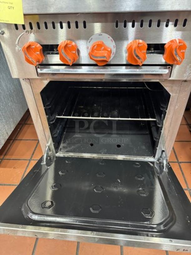 Sierra SR424 4-burner commercial gas range on casters. Features orange control knobs, stainless steel finish, and open oven door.