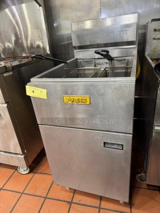 ANETS SLG100 commercial NG fryer with dual baskets, stainless steel, used condition, ANETS logo on front.