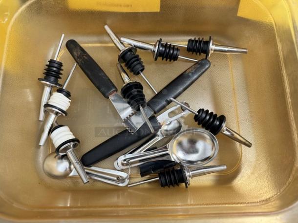 Lot of miscellaneous bar tools, including bottle pourers and spoons, in used condition, all for one money.