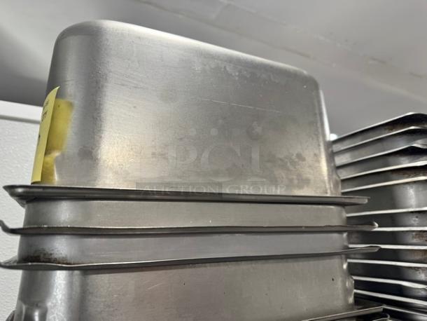1/3 full size stainless steel food pan BIDX3, stackable, visible wear, ideal for commercial kitchens.