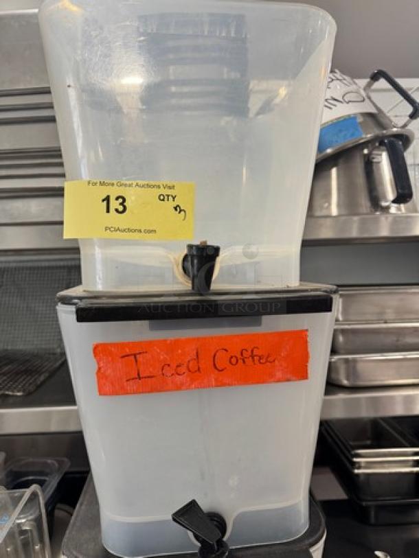 Lot of 3-gallon beverage dispensers, missing one lid, labeled for iced coffee. Used condition.