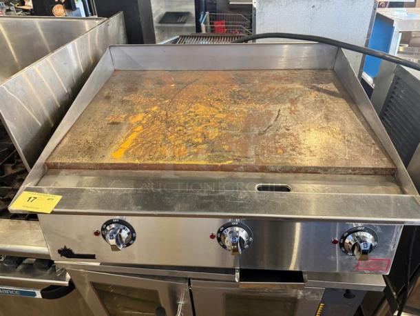 STAR Ultramax 36" electric countertop griddle, stainless steel, visible wear, three control knobs, model label intact.