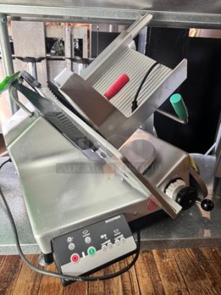 Bizerba L-23 Commercial Automatic Meat Slicer, 120V, featuring control panel and adjustable blade, in good condition.