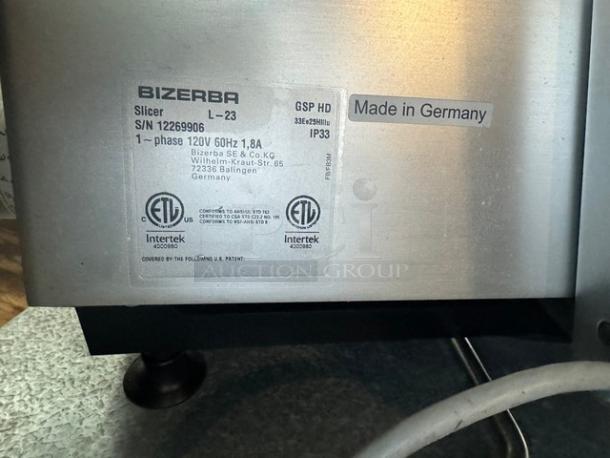 Bizerba L-23 commercial meat slicer, 120V, silver, S/N 12269906, Made in Germany label, ETL certified.