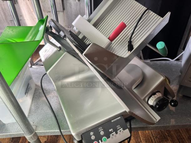 Bizerba L-23 Commercial Automatic Meat Slicer, 120V, stainless steel, excellent condition, visible control panel, includes labels.