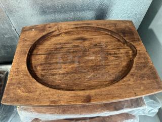 14" rubberwood display stand for hot skillets, features durable wood construction, new condition, BIDx3 brand.