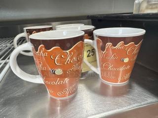 Lot of 5 cappuccino mugs, featuring "Mocha" and "Chocolate" text design. Good condition, sold as one lot.