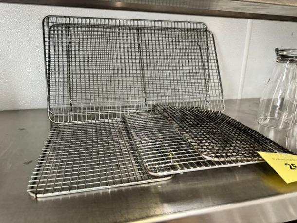 Lot of 5 miscellaneous cooling and baking racks, metal, various sizes, used condition, all for one price.