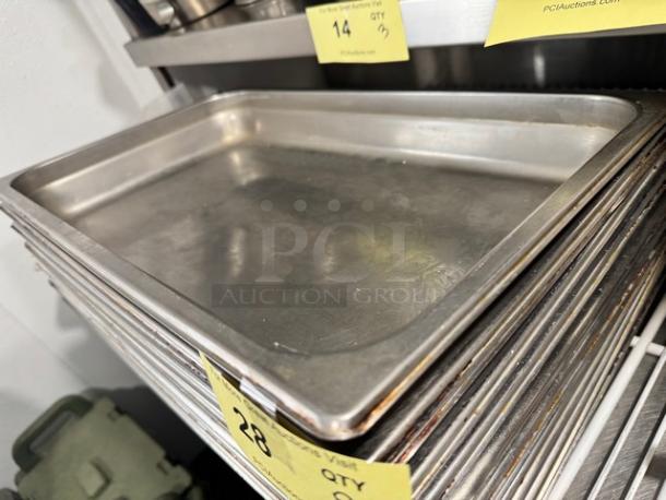 Full size 2 1/2" deep stainless steel food pan BIDX8, stack of pans, good condition, visible auction labels.