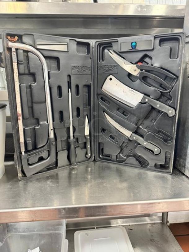 Sportsman's Select Knife Set with assorted blades and tools in black case, includes cleaver and saw, used condition.