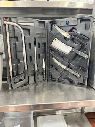 Sportsman's Select Knife Set with assorted blades and tools in black case, includes cleaver and saw, used condition.