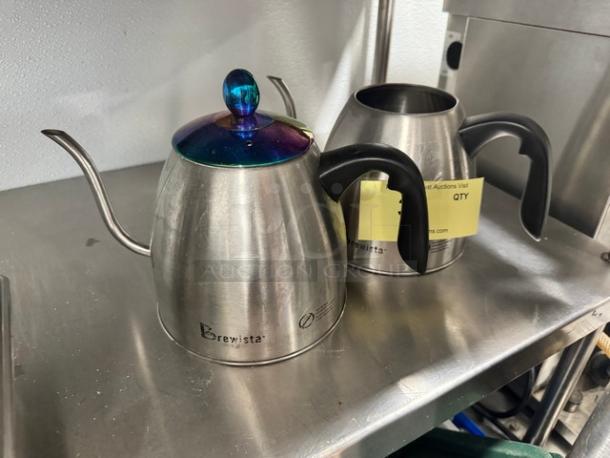 Lot of 2 Brewista gooseneck kettles, stainless steel, one missing lid, black handles, features vibrant lid design.